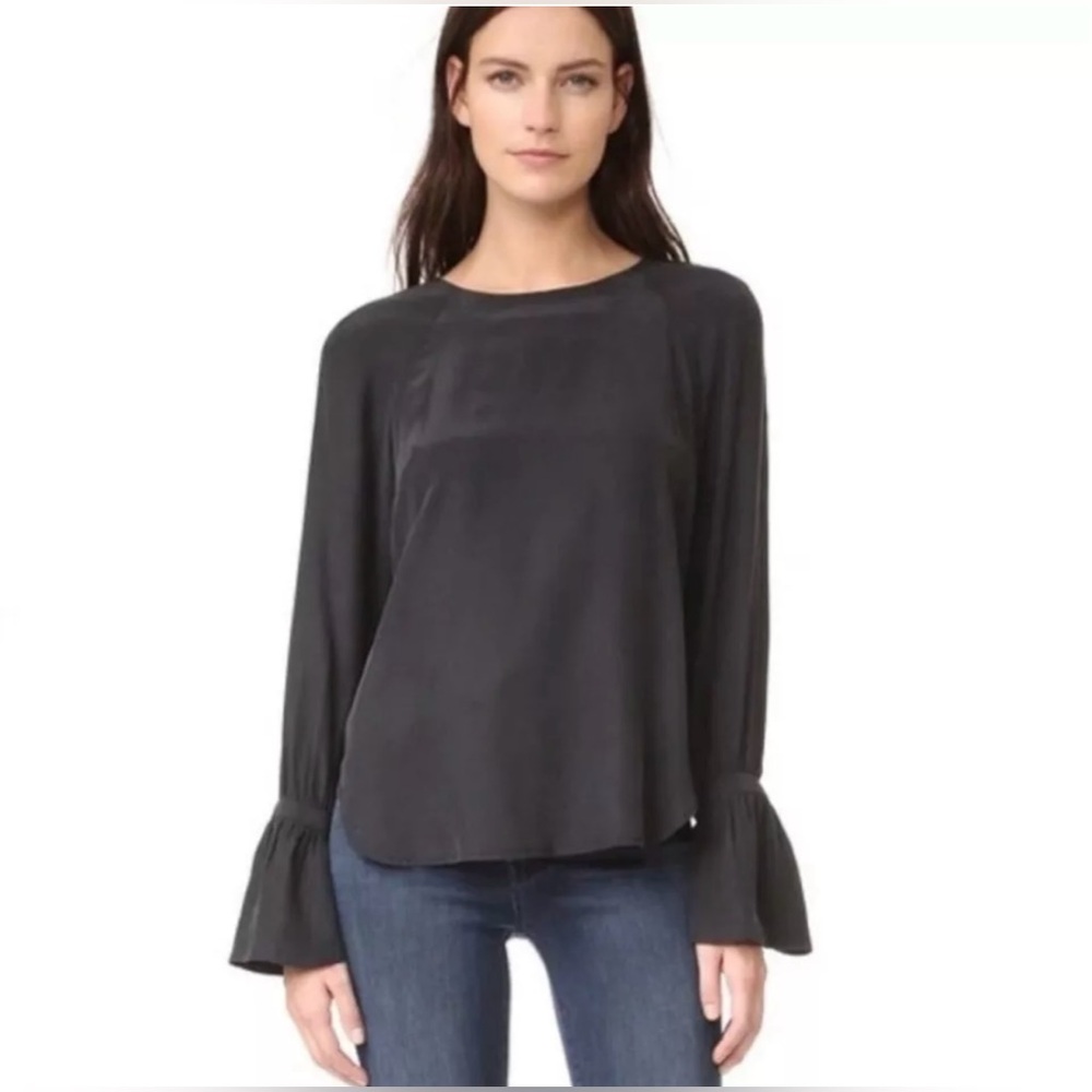 FRAME | Voluminous Cuff 100% Silk Black Long Sleeve Flutter‎ Blouse | Size XS